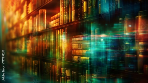 Digital Matrix of Light: A bookshelf with light shining suspiciously through it.Generative AI illustration