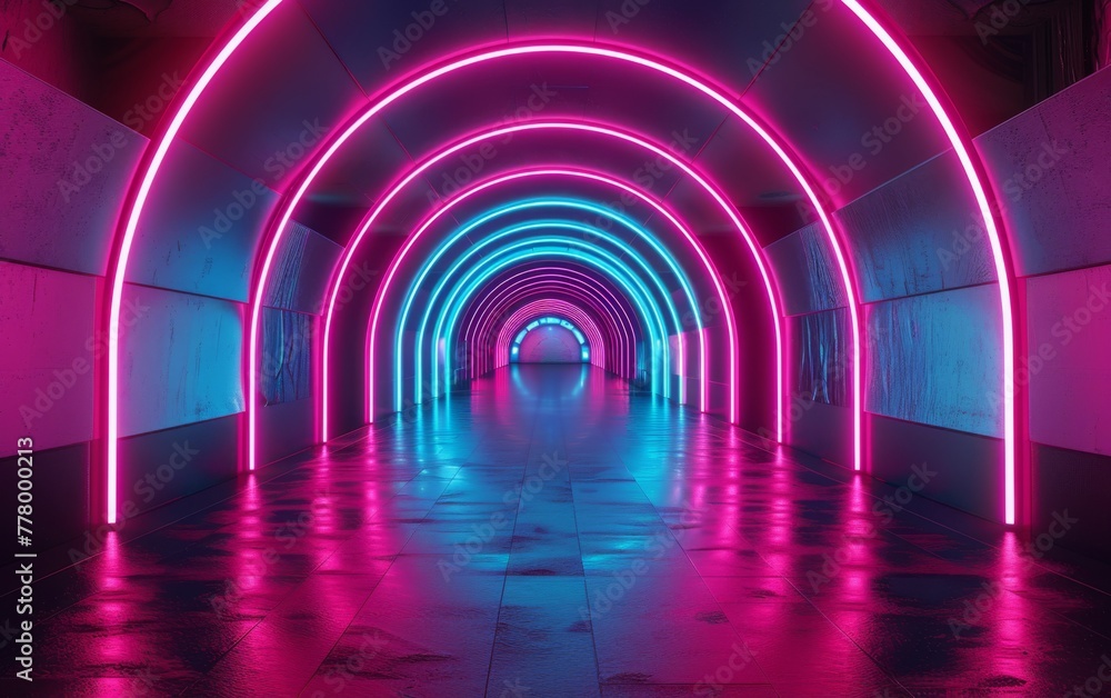 A neon tunnel with pink and blue lights. The tunnel is long and narrow. The lights are bright and colorful, creating a fun and energetic atmosphere