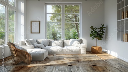 A living room with a white couch, a potted plant, and a white rug. The room is bright and airy, with large windows letting in plenty of natural light