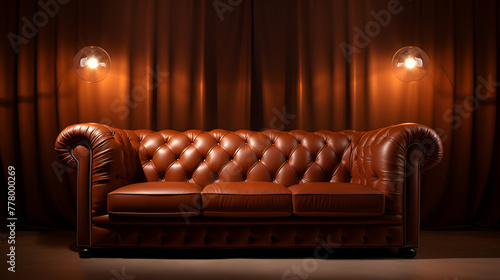 A brown leather couch sits in front of a window with curtains wall lamp on 