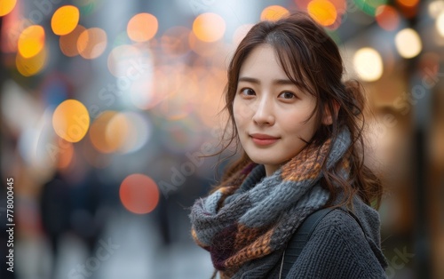 Wallpaper Mural A woman wearing a scarf and a black jacket stands in front of a blurry background. She has a smile on her face and she is enjoying herself Torontodigital.ca