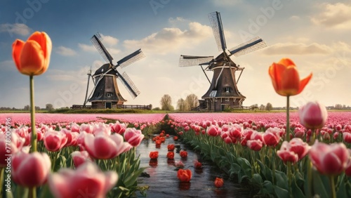 Dutch windmill stands tall amidst a vibrant sea of yellow tulips in Holland. The scene is reminiscent of a bygone era, with a retro tone adding to its nostalgic charm. #778000696