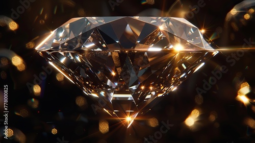 A large crystal clear diamond up in the air in the light, golden accents, black background