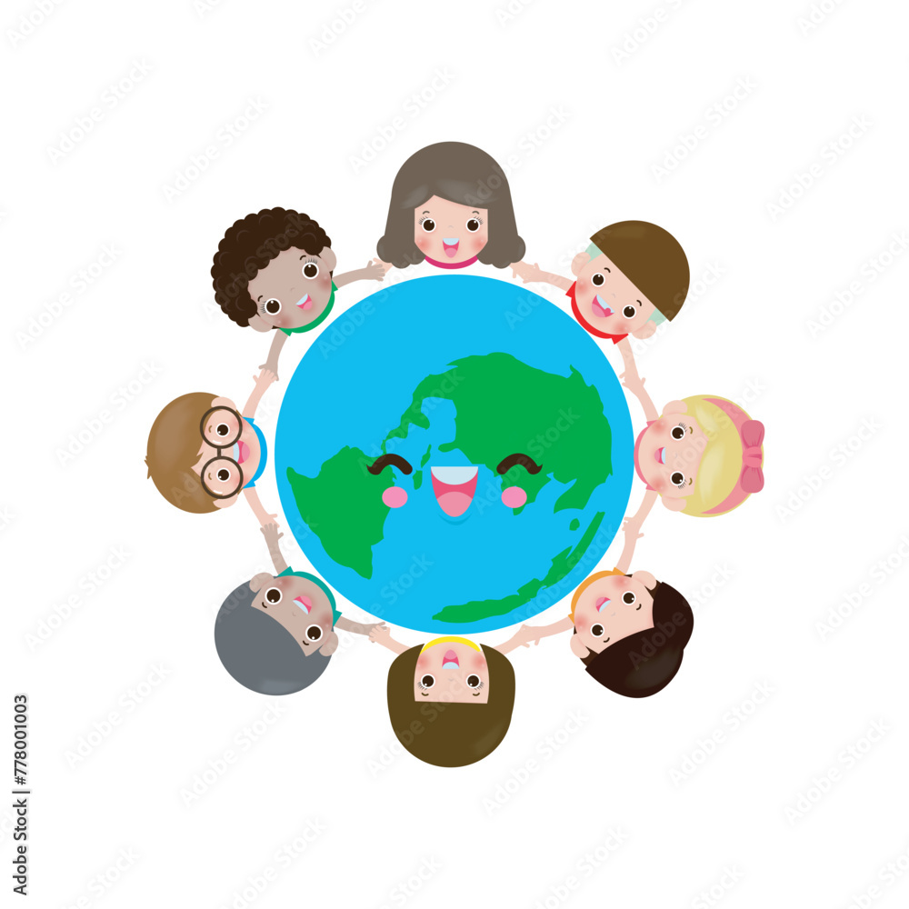 Earth day, children holding hands in circle around the world, cute kids save the world, world environment day, on white background vecter illustration flat style Earth day, children holding hands in circle around the world, cute kids save the world, world environment day, on white background vecter illustration flat style