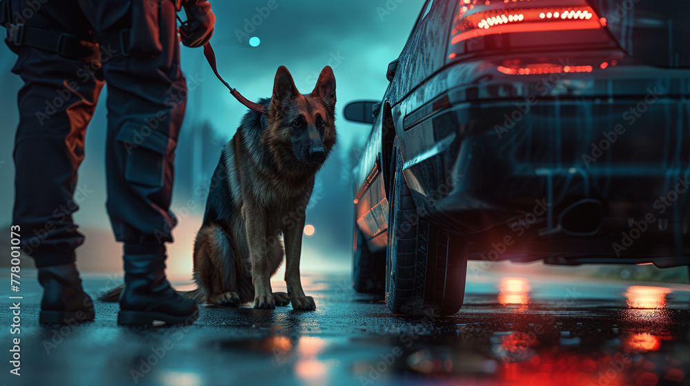 A police German shepherd helps to search a detainee's car, looking for a prohibited substance - obrazy, fototapety, plakaty 