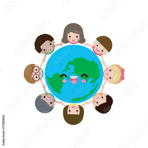 Earth day, children holding hands in circle around the world, cute kids save the world, world environment day, on white background vecter illustration flat style