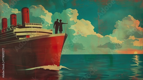 world cruise by ship, vintage poster design style, dark red and light teal