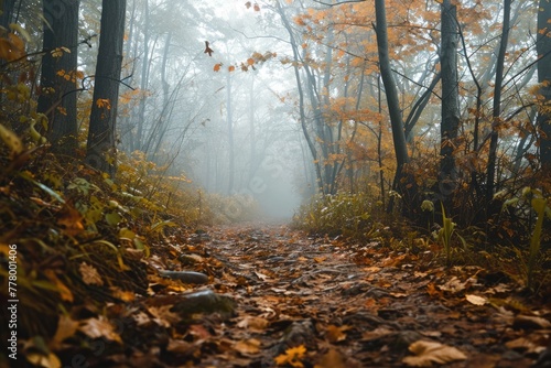 A foggy forest path strewn with autumn leaves  Autumn Park with trees in a misty haze and a path strewn with fallen leaves.  Ai generated
