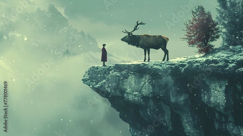 Man and Elk on a Fantasy Cliff in Digital Art, To provide a captivating and enchanting digital art illustration of a man and an elk on a cliff for © Sakeena