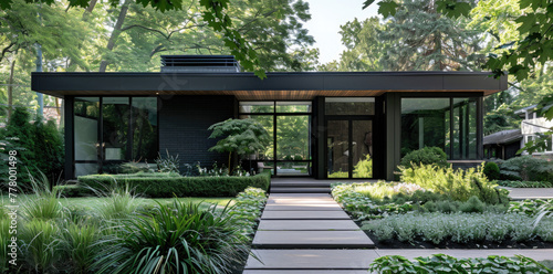 A modern bungalow with sleek black accents, featuring large windows and an elegant front yard that includes lush greenery and potted plants, offering panoramic views of the surrounding trees