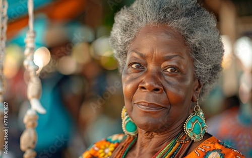 A woman with gray hair and blue earrings is smiling. She is wearing a colorful outfit and is standing in front of a blue and white background