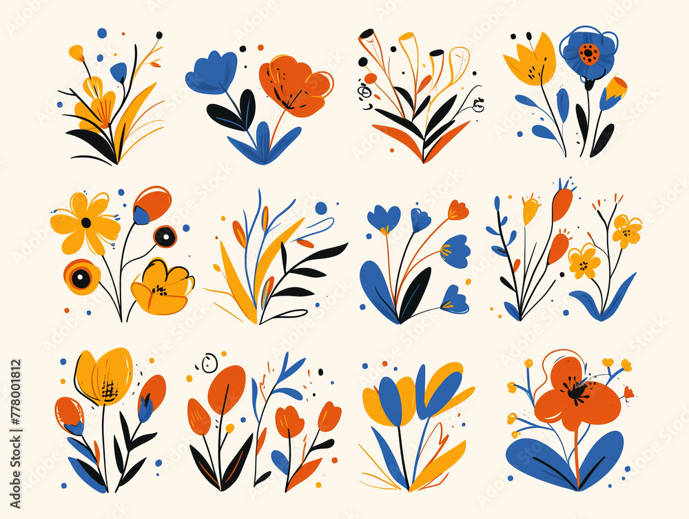 A set of colorful flowers with different shapes and sizes