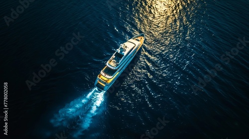 Aerial photo of a large luxury yacht isolated in the middle of a deep blue ocean.