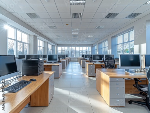 Interior of modern empty office building. Open ceiling design.