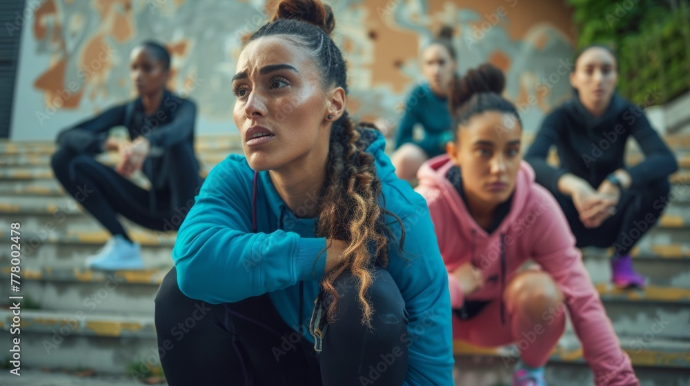 Obraz premium Group of men and women doing exercising together in stairs city. Multi-ethnic friends workout together and smiling. Running on the same place workout.