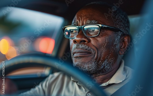 A man in a car with his head down and his eyes closed. He is wearing glasses and he is in a state of deep thought