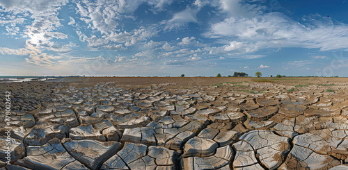 A panoramic view of cracked earth in the desert, with driedup rivers and oasis buildings that have been abandoned due to water shortages, highlighting environmental challenges photo