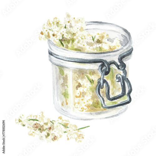 Meadowsweet blossoms. Preparation of homemade herbal organic  tincture. Hand drawn watercolor illustration isolated on white background