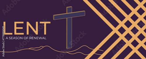 Lent, a season of renewal text and gold lent cross crucifix on mountaion and circle sunset on dark purple background vector design. banner, cover, poster, flyer, card, greeting card, brochure, web.