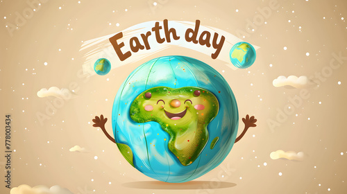 Earth Day banner with a cute cartoon planet earth character and the text Earth day. Vector illustration of a happy smiling globe for world environment day design on a beige background. High quality