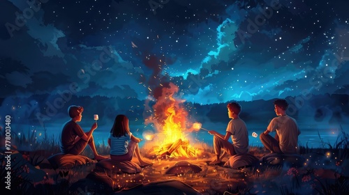 Friends Gathering Around Glowing Campfire Under Starry Night Sky Roasting Marshmallows and Sharing Stories in Cozy Outdoor Adventure
