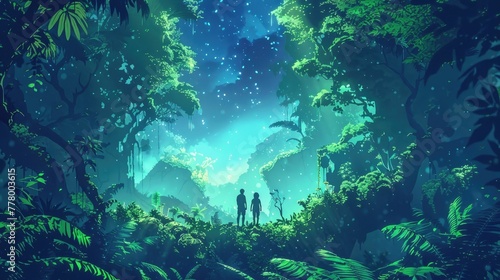 Adventurous Souls Exploring the Depths of a Lush Green Forest Bathed in Ethereal Moonlight and Starry Skies