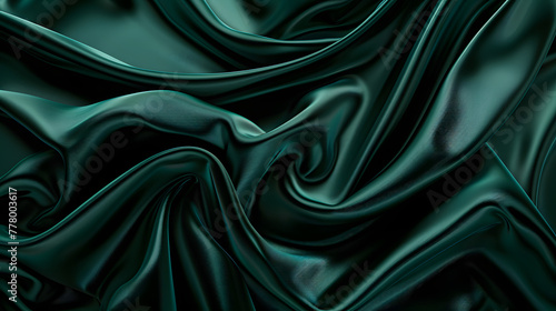 Elegant dark green silk satin fabric with intricate folds and curves draped on a luxurious background