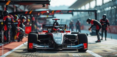 A race car is parked on the track with a group of people working on it. Scene is focused and intense, as the team is preparing the car for a race