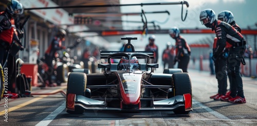A race car is parked on the track with a group of people standing around it. Scene is one of excitement and anticipation for the upcoming race
