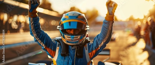 A man in a racing suit is celebrating his victory on a race track. Concept of excitement and accomplishment, as the man is holding his arms up in the air