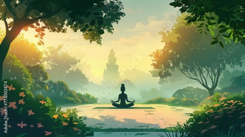 Tranquil Outdoor Yoga Session Amid Early Morning Mist in Serene Park Landscape