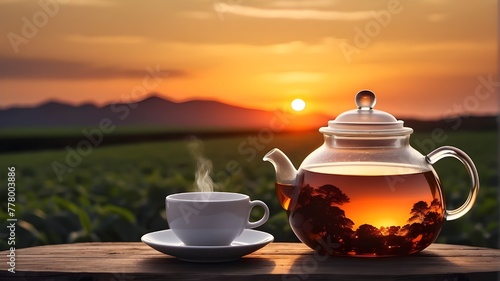 teapot and cup of tea with sunsets background with lack
