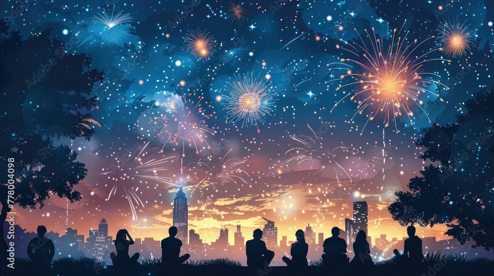 Vibrant Fireworks Bursting over a Summer Night Cityscape as a Community Gathers to Witness the Dazzling Display
