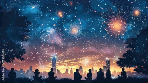 Vibrant Fireworks Bursting over a Summer Night Cityscape as a Community Gathers to Witness the Dazzling Display