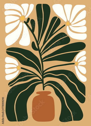 White botanical flower vase framed Minimal Art Print Hand drawn leaves shapes matisse style, naive art, contemporary backgrounds. plant vector illustration