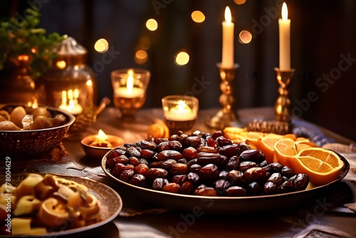 Ramadan Family Iftar: A Beautifully Set Table with Dates and Traditional Delicacies, Warm Candlelight