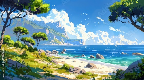 Captivating Summer Seascape with Lush Foliage and Serene Ocean Vistas