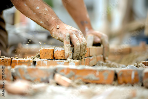 Skilled construction worker expertly laying bricks at building site