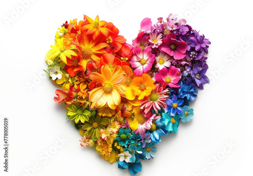 Colorful heart shape made of various colorful flowers on a white background, with colorful rainbow colors in the style of a floral concept art. Floral patterns and designs with rainbow colors, flowers