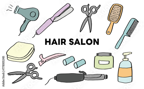 ヘアサロン　美容院　ヘアカット　道具　イラスト　線画　手書き