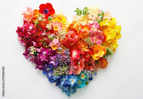 Colorful heart shape made of various colorful flowers on a white background, with colorful rainbow colors in the style of a floral concept art. Floral patterns and designs with rainbow colors, flowers
