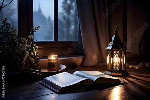 Quiet Corner for Ramadan Reflection: Prayer Mat, Quran, and Soft Moonlight