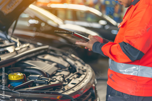 Auto mechanic performing car diagnostic at modern service station © yevhen89