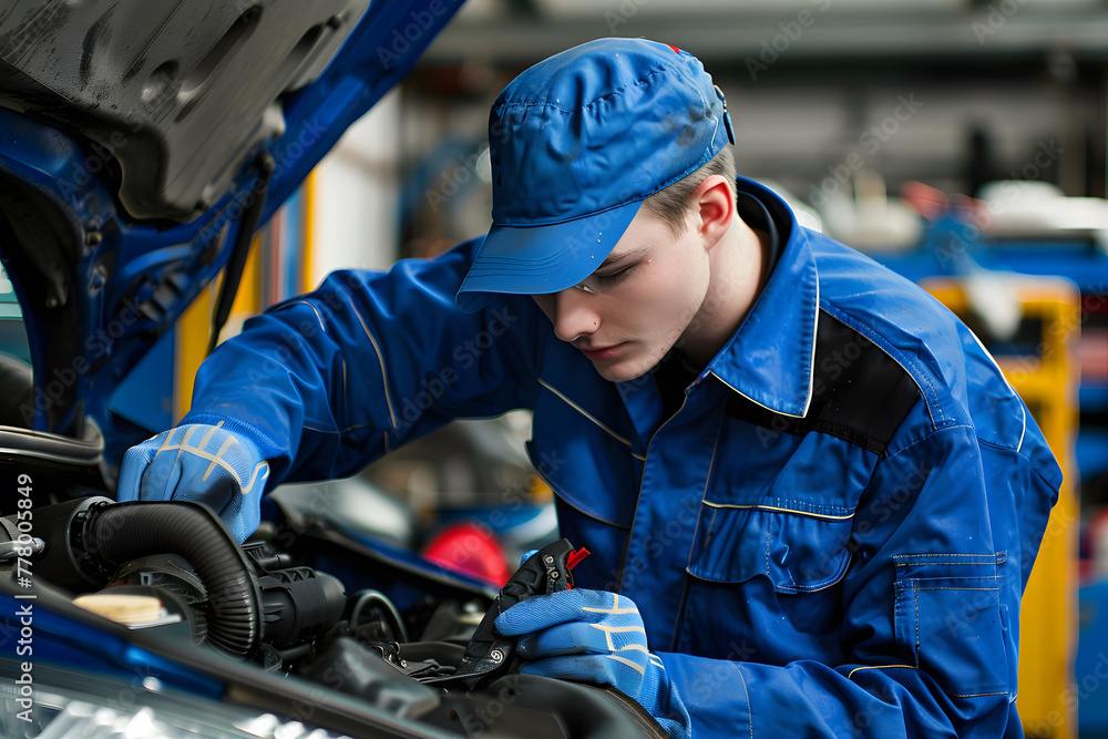 Focused auto mechanic conducting car diagnosis in service station Focused auto mechanic conducting car diagnosis in service station
