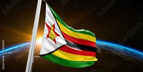 Zimbabwe national flag cloth fabric waving on beautiful global Background. photo