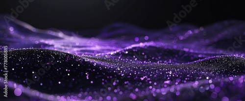 Beautiful black background with a purple glitter. 3d rendering,A radiant violet glitter bokeh background, ideal for use in beauty, romance-themed visuals or celebratory event graphics.Panoramic banner photo