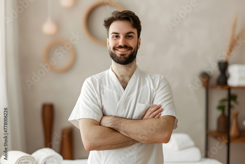 Professional male masseur ready for appointment in spa photo
