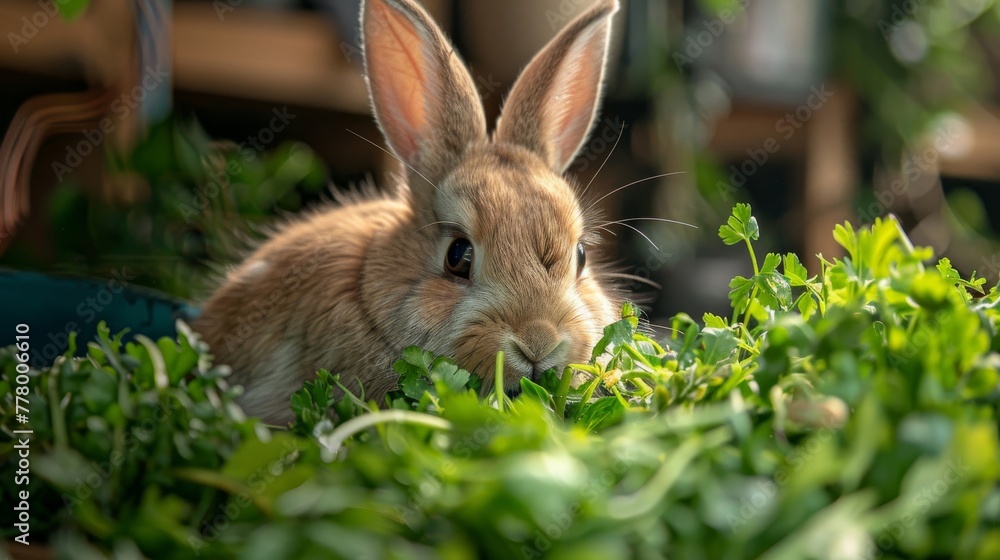 A one-eyed rabbit munching on fresh greens in a specially designed enclosure,  showcasing adaptability