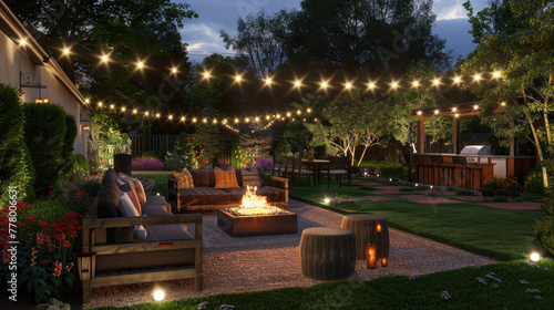 Design an outdoor lounge area with comfortable seating, string lights and fire pit for the courtyard of new york city luxury building.