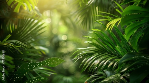 Soft dappled light filters through dense tropical greenery  highlighting the natural beauty of the leaves.